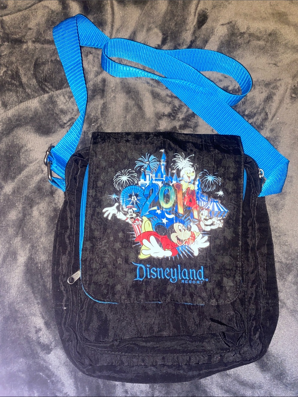 2014Disney Black Crossbody Bag with Bright Blue Strap and Multicolor Front Print